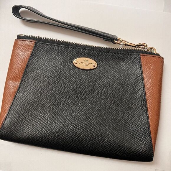 Coach Morgan Crossgrain Leather Clutch Wristlet Black Saddle Color Block - Picture 3 of 8